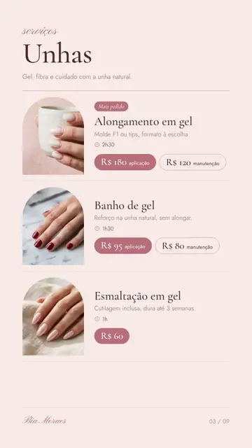 Página de serviços com preços e duração